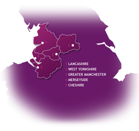 Lancashire, West Yorkshire, Greater Manchester, Merseyside, Chesire
