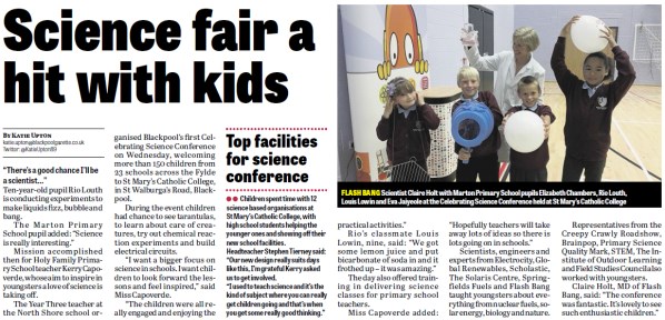Clipping from the Blackpool Gazette about Blackpool's first Celebrating Science Conference
