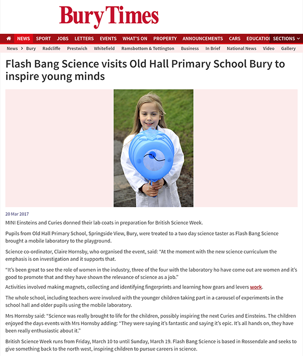Clipping from the Bury Times about Flashbang Science's visit to Old Hall Primary School