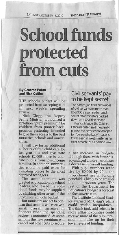Scan of article in The Daily Telegraph on Saturday, October 16, 2010.